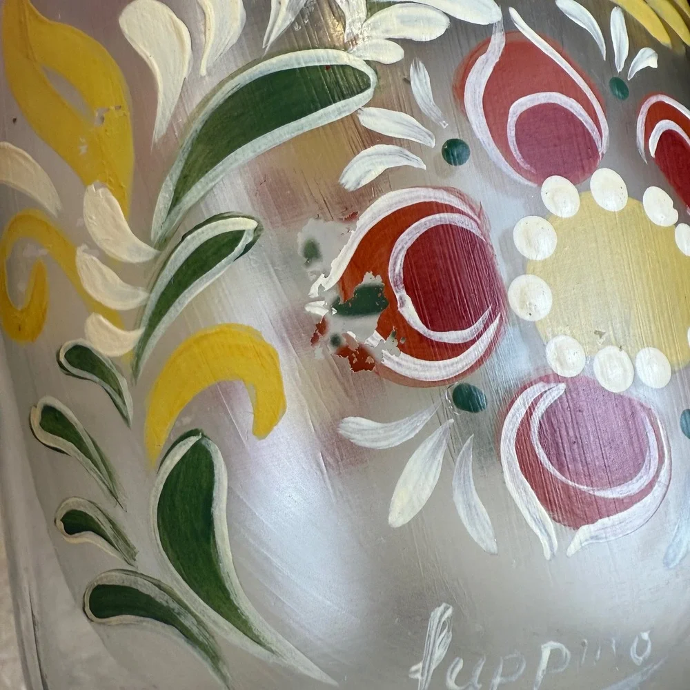 Vintage‎ 1982 Luppino Hand Painted Floral Glass Canister 1.5L Wire Bale Jar